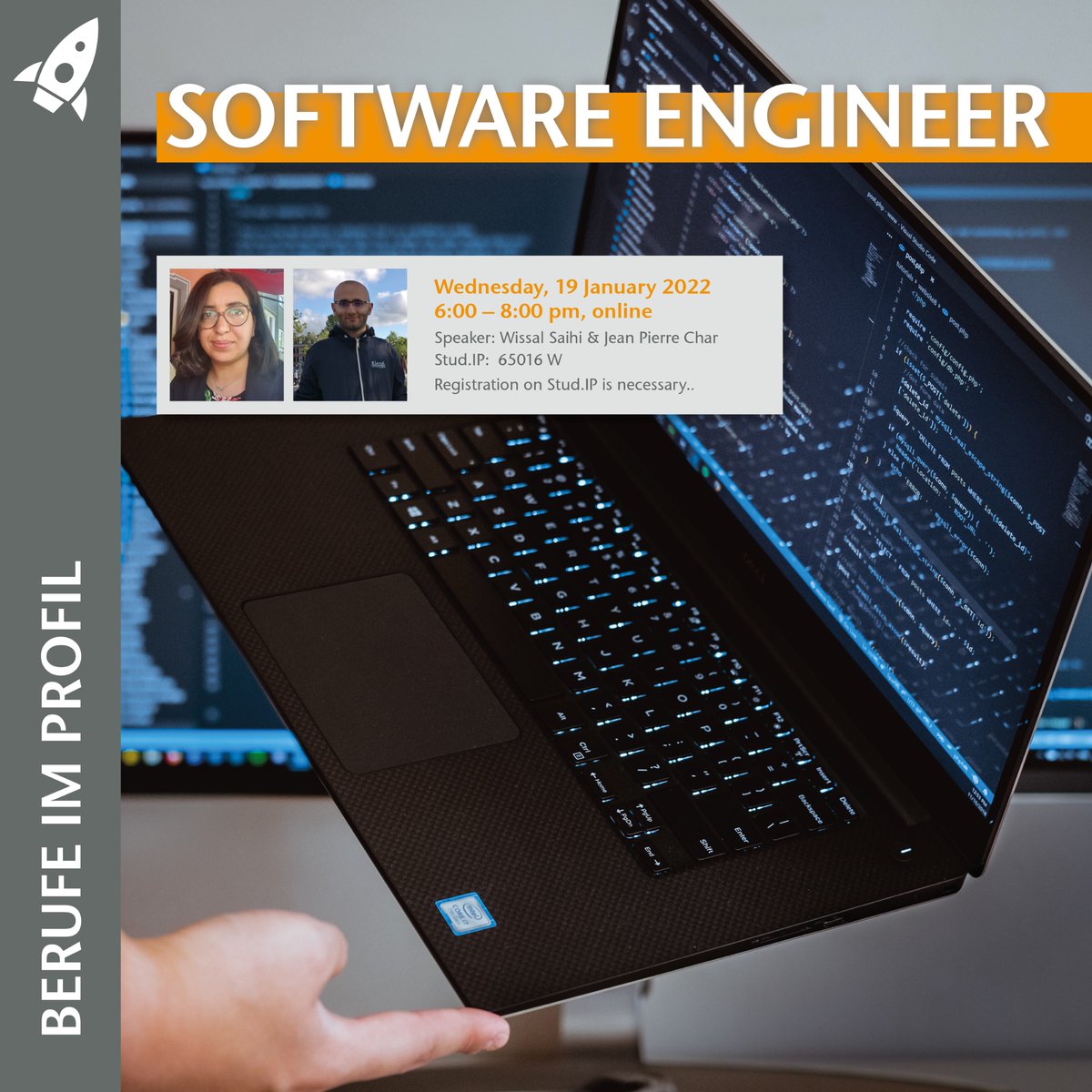 Am 19. Januar erwartet euch ein spannender Vortrag zweier Referenten über das Berufsfeld des Software Engineers! 
Meldet euch hierfür gerne auf StudIP unter 65016 W an!