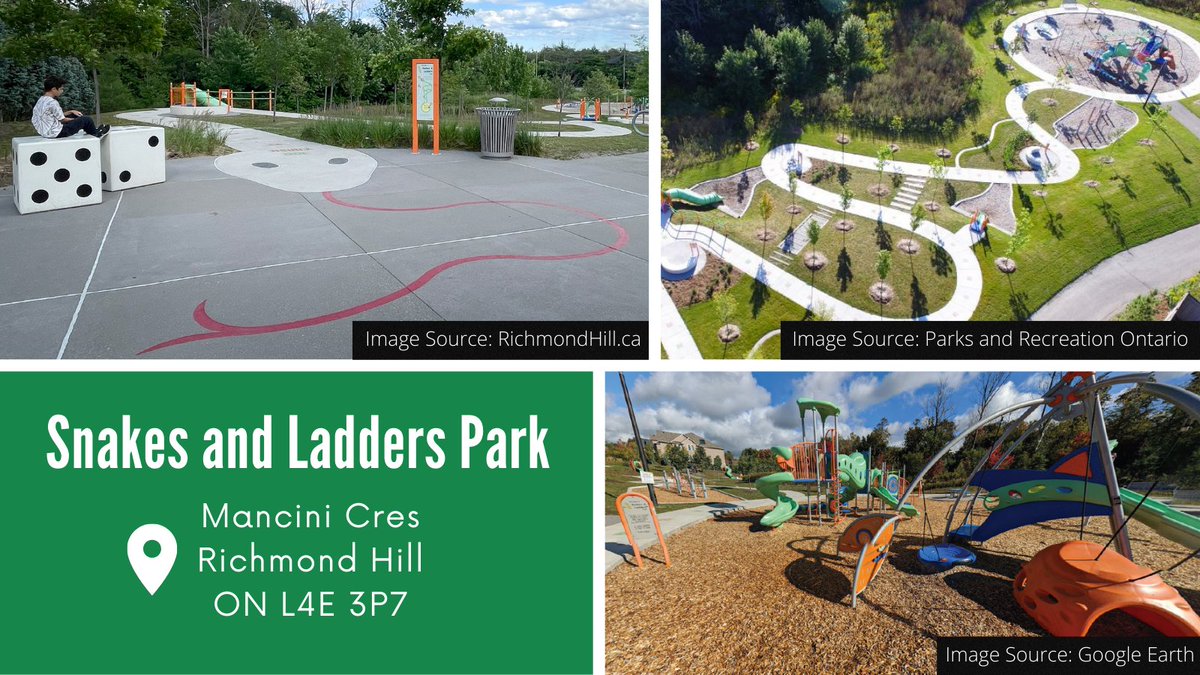 Bored? Head out into the city to play a life sized board game at the Snakes and Ladders Park in Richmond Hill.

Here's what it looks like.