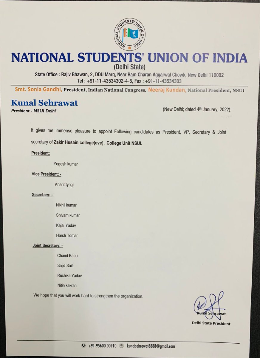 NSUIDelhi's tweet photo. NSUI Delhi COMMUNIQUE

@nsui National Secretary @nitishgaur &amp; @NSUIDelhi State President @kunalSehrwat have approved the appointment of @NSUIDelhiUni Zakir Hussain College. https://t.co/APgkskn65G