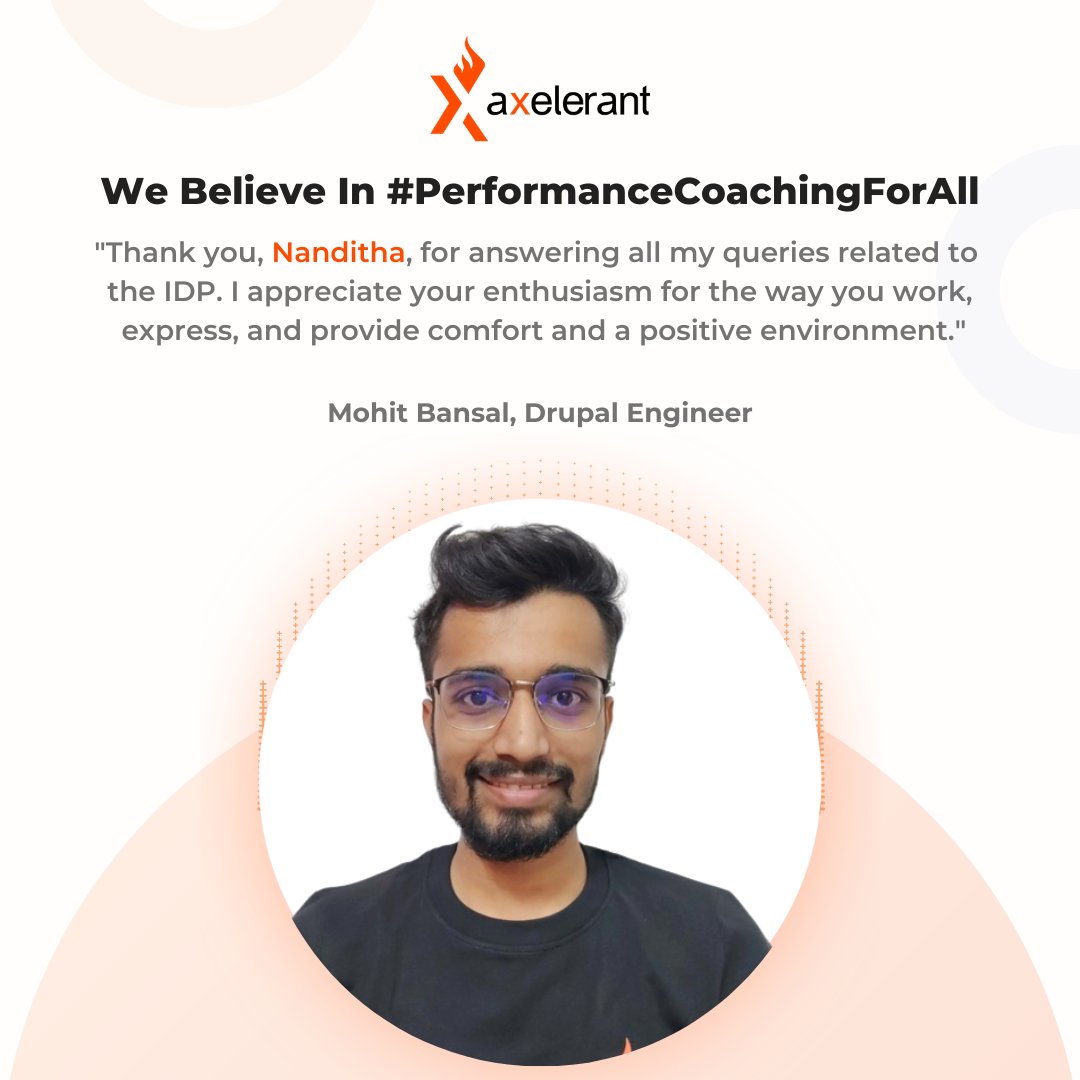 axelerant's tweet image. At #Axelerant, Individual Development Plan (IDP) is a blueprint that our team creates about their own career trajectory. 📈

Thanks to our coaches like Nanditha, team members like Mohit always have the help to develop it with ease. 😁

#PerformanceCoachingForAll #PeopleFirst