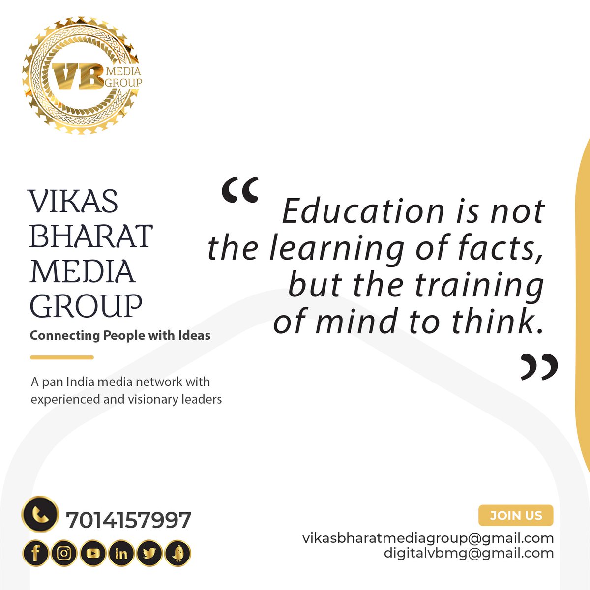 vbmg_india's tweet photo. Indeed, education is not just about learning and memorising facts and events but equipping the mind to think and enhance one’s perception.
Happy Tuesday to you all.
#vbmg #educational https://t.co/d8ilIaoIiW