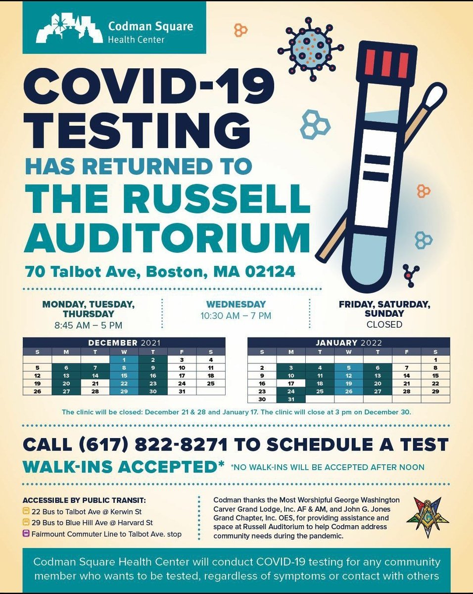 MidDotOns's tweet photo. Good Morning / Bon Dia #MidDorchester ! Covid-19 testing is still happening at the #RussellAuditorium located at 70 Talbot Ave. Walk-ins are accepted before Noon time. Call ahead to schedule your appointment today. #BeSafeTogether #KeepBostonSafe #Safety #Vaccine https://t.co/Ub15t7WLkW