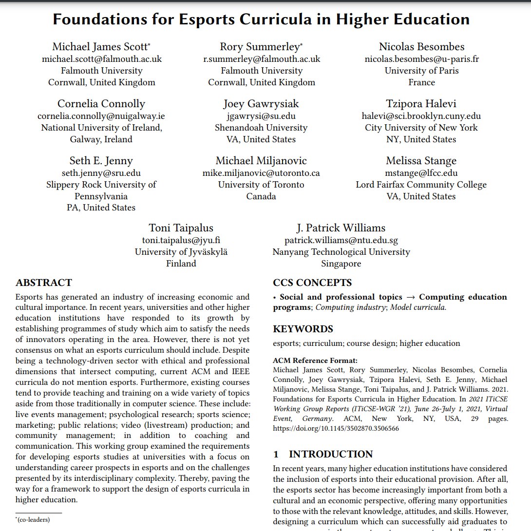 DrSethJenny's tweet photo. ⭐️New Publication⭐️

"Foundations for Esports Curricula in Higher Education" 

- To date, this paper offers the MOST COMPREHENSIVE discussion of...

Career Pathways Targeted by Existing #Esports Courses in #HigherEducation

#EsportsEducation

Full text:
https://t.co/ZZOH0ANBH1 https://t.co/xo2Q8tm5pB