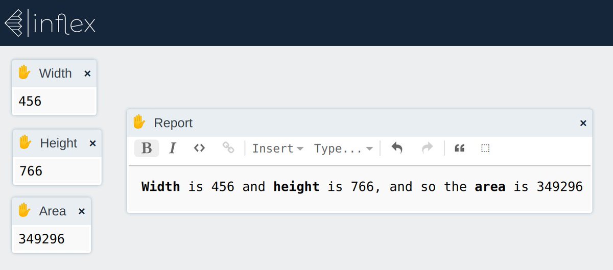 Upcoming: Rich text editing with cells embedded (text, numbers, tables, anything). Now you can tell a story with prose that reacts when the calculations or the data change. And you can change the cells from within the rich text, too.