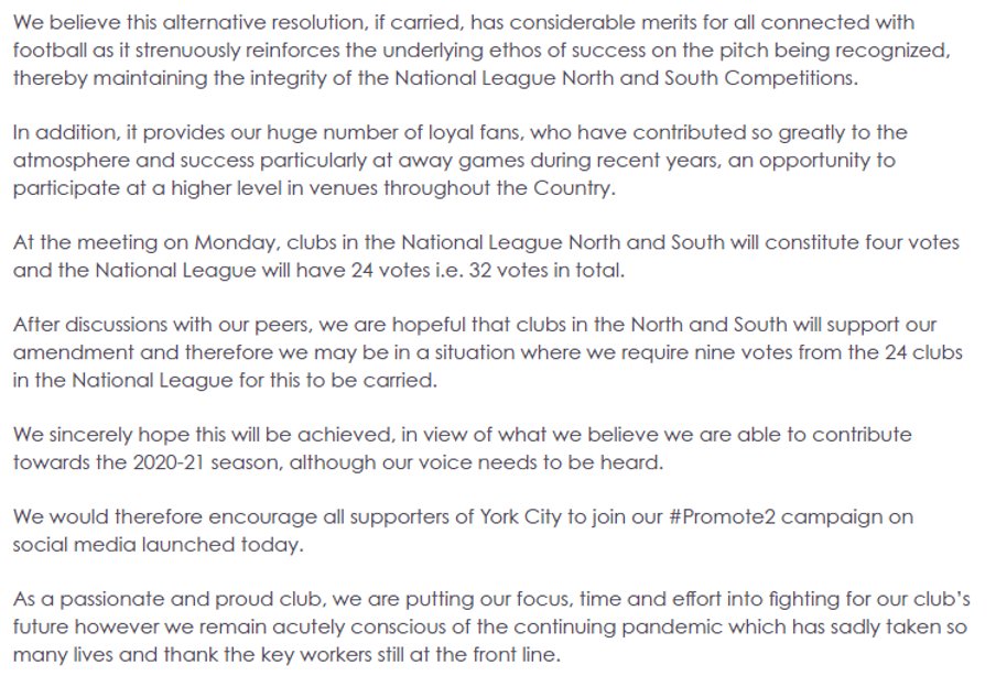 kentwix12's tweet photo. In June, with a real jeopardy that York will not be allowed another chance at promotion, the club issue a statement stating they tabled a motion to either promote the top two or see the season off with play off games behind closed doors. This campaign is launched as #promote2. https://t.co/WzPou1fjLa