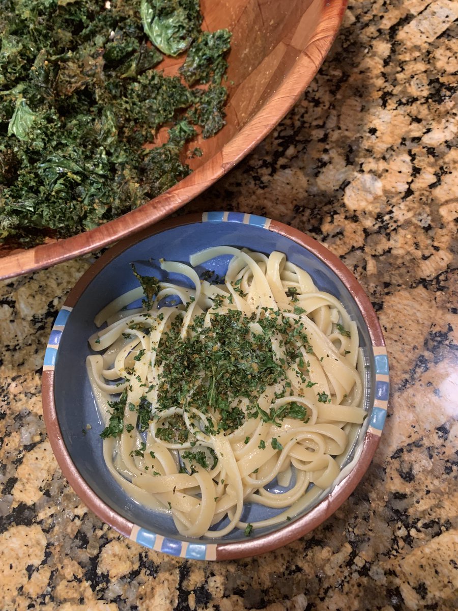 I’m loving the different legume-based pastas out there. This one is a chickpea fettuccine. Seasoned with olive oil, salt and pepper, and nutritional yeast, then topped it for fun with crumbled spicy kale chips. So good! Think outside the box to get your vegetables and protein.