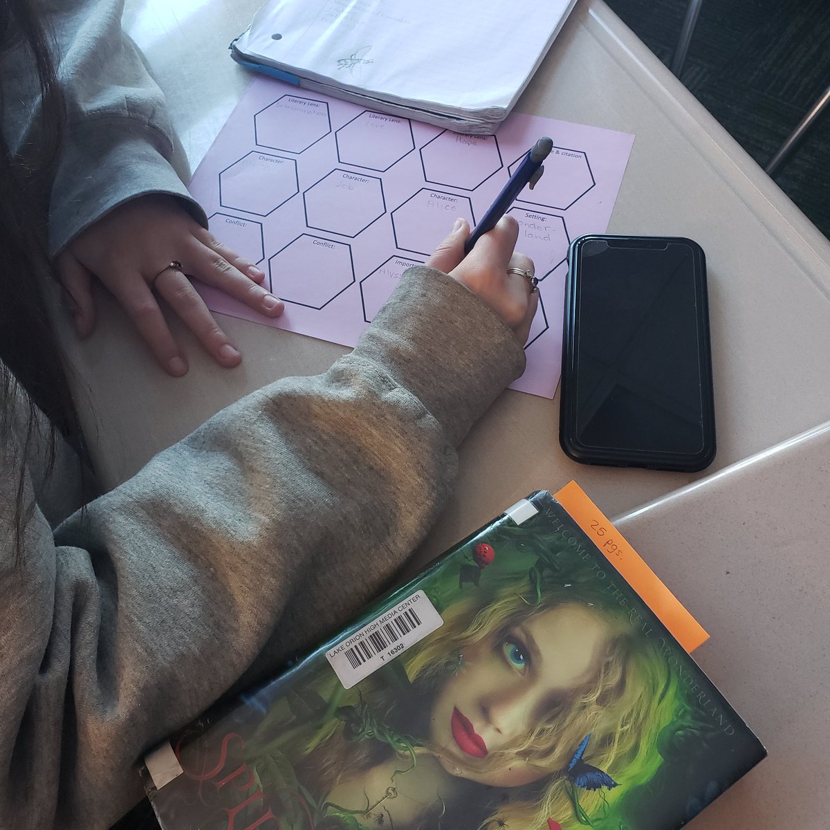 cathy_srock's tweet photo. Yesterday, #SrockELA11 did some discussion prep for our individual fiction novels; today, we are discussing our novels and making connections through #hexagonalthinking. #alwayslakeorion #englishteacher #teacherlife @LkOrionHS #studentleddiscussion https://t.co/19SBeVfwKQ