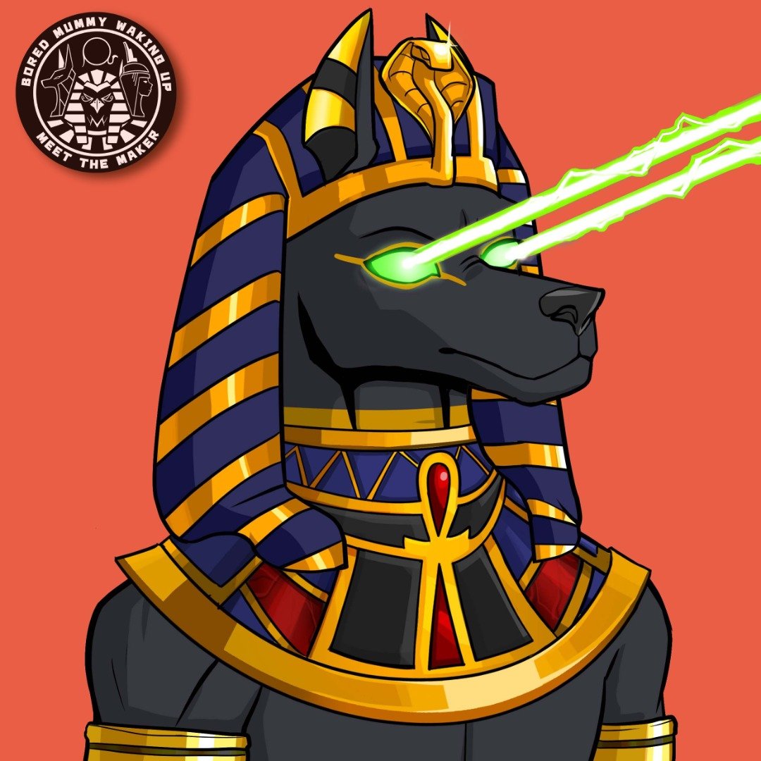 BoredMummyWU's tweet photo. Anubis - God of the dead, protector of the tombs. The inventor of MUMMIFICATION. 

Meet The Maker minting Jan 13th. 

The Maker is a collection of 3,888 Egyptian God #NFTs . 2D and ultra rare 3D variants with unique traits. 6 Gods, 1 Godly collection from Bored Mummy Waking Up. https://t.co/a4ffOByV4x