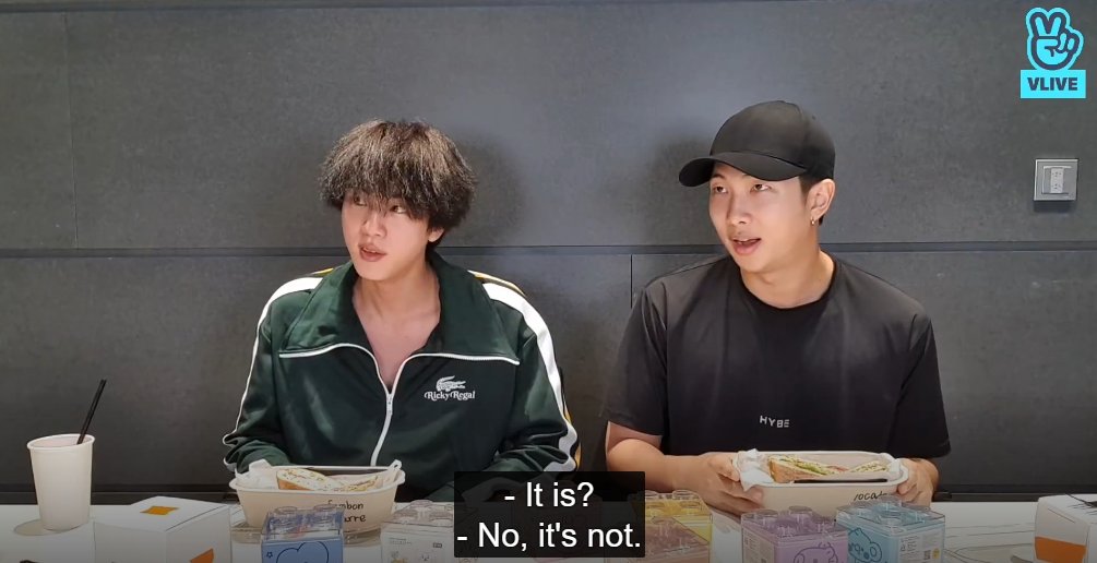 BBVitaz's tweet photo. @BTS_twt #btsrewind 2021:
A really funny vlive moment with #NamJin.💜 #RM reads the side of the container and worries that this is an ad. They ask someone off camera, then try to tell us no one is there, and then #Jin asks "no one there" what sandwich is this? 🤣🤣🤣 https://t.co/EAw11Bzppv