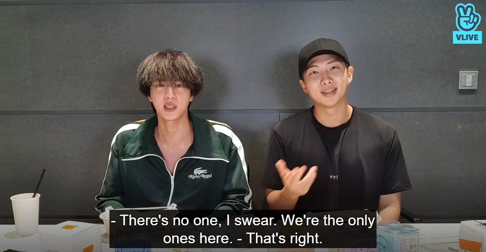 BBVitaz's tweet photo. @BTS_twt #btsrewind 2021:
A really funny vlive moment with #NamJin.💜 #RM reads the side of the container and worries that this is an ad. They ask someone off camera, then try to tell us no one is there, and then #Jin asks "no one there" what sandwich is this? 🤣🤣🤣 https://t.co/EAw11Bzppv
