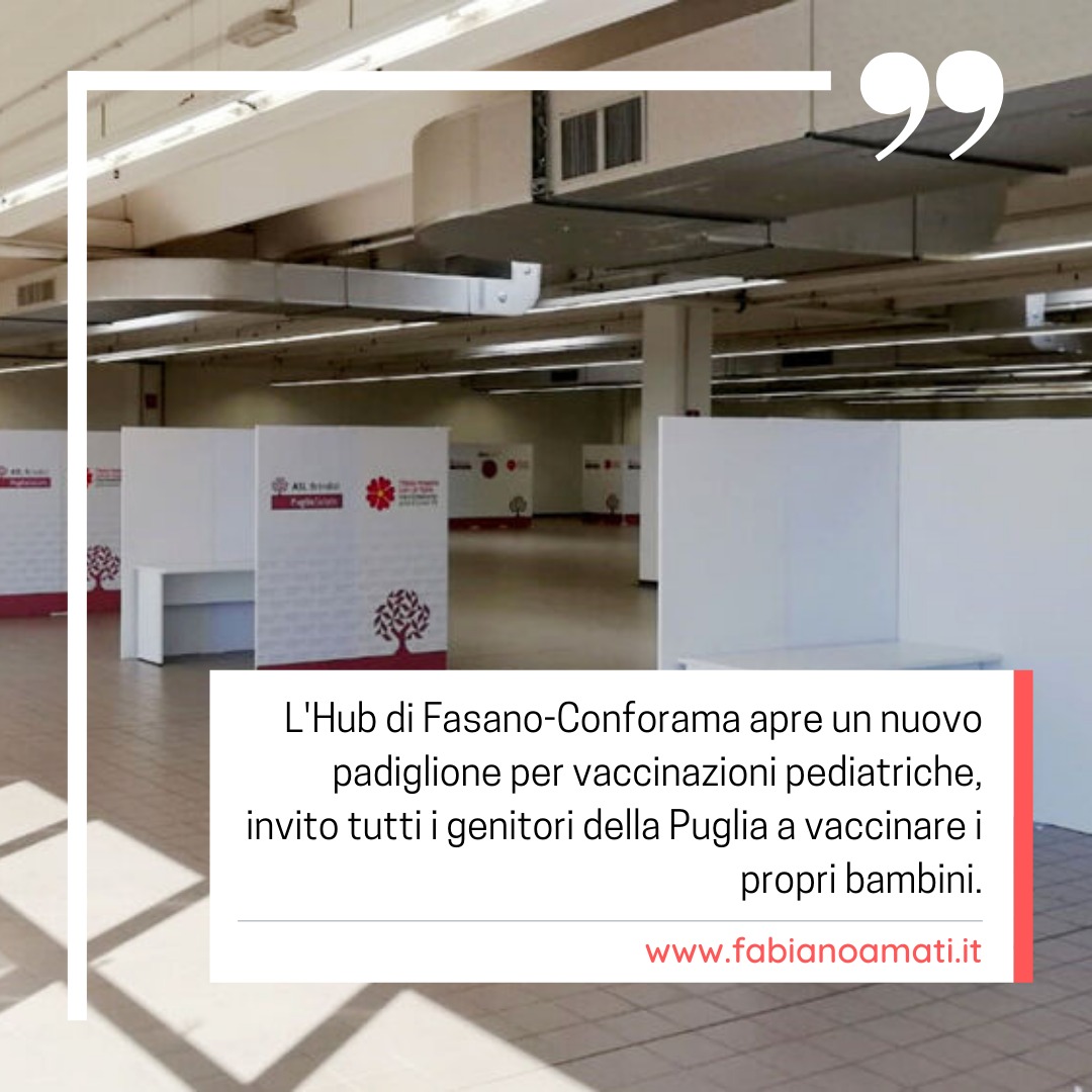 fabiano_amati's tweet photo. Aperto hub pediatrico a Fasano-Conforama non solo per i bimbi della provincia di Brindisi ma per tutti i bimbi pugliesi, qualora vi fossero difficoltà nei centri vicini alle proprie residenze. Grazie alla ASL e al Dipartimento di prevenzione di Brindisi. 

https://t.co/ZfNkRVo7O1 https://t.co/DCGxrjZHr5