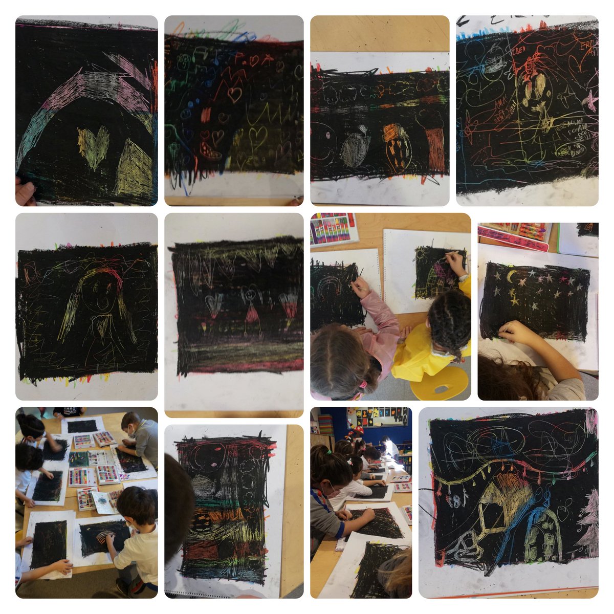 siiiimge's tweet photo. Okul öncesi öğrencilerim, kazıma tekniği ile tanıştılar, elleri çok yoruldu biraz da siyaha boyandık ama çok sevdiler 👏🏼👩🏼‍🎨 https://t.co/C1bRseP77f