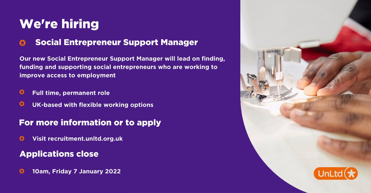 We're #hiring a Social Entrepreneur Support Manager 

Could you deliver market-leading, inclusive support to social entrepreneurs working in the access to employment space?

Learn more and apply by this Friday 7 January 2022 -

recruitment.unltd.org.uk/VacancyDetails…