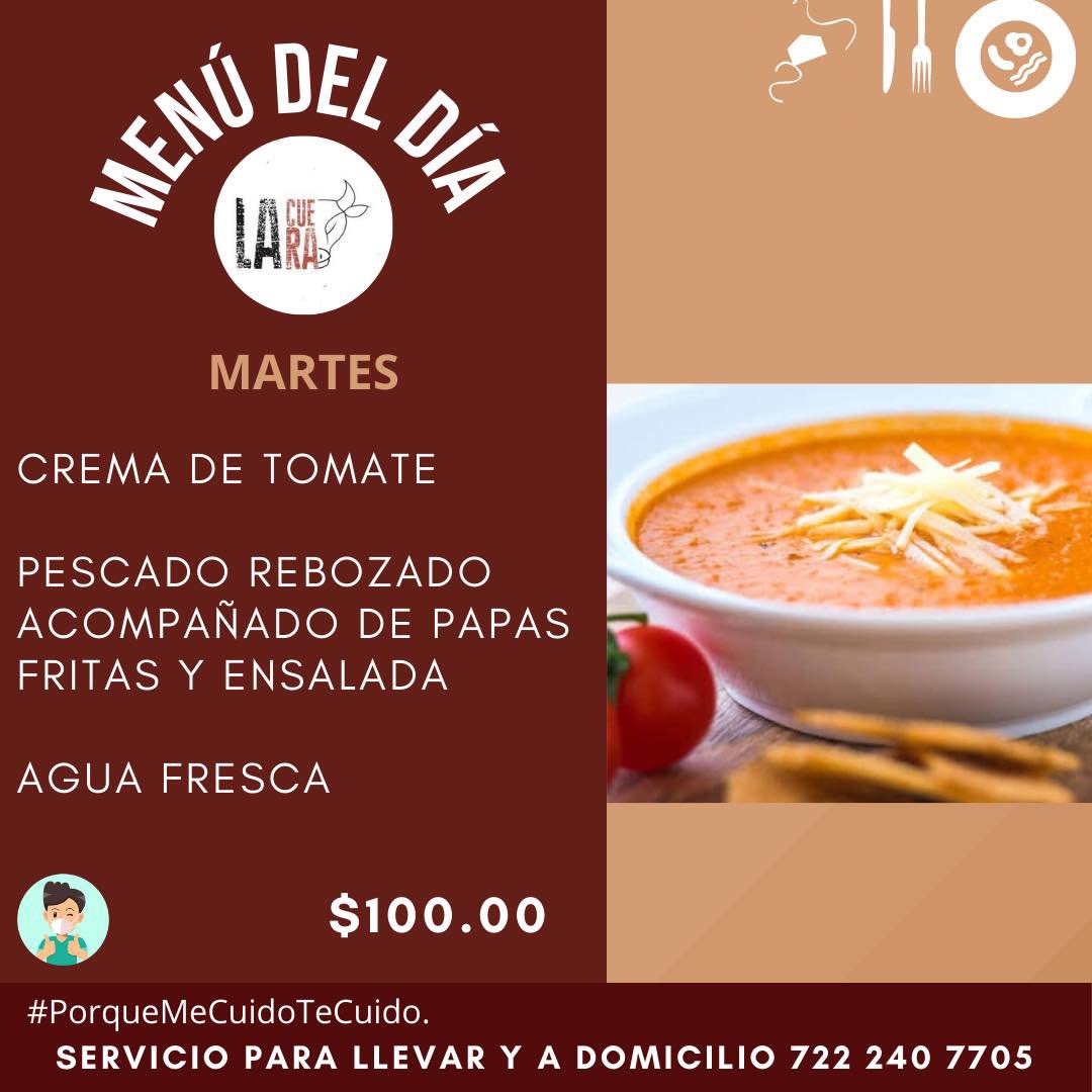 MENÚ DEL DÍA | MARTES👨🏻‍🍳

Buenos días! ☀️ 
¡Haz tu pedido por aquí! 👇
📲 goo.gl/qLdyDk 

🛵 Envíos a domicilio (pregunta por nuestra cobertura)
📍 Calle 3s, Parque Industrial Toluca 2000, Toluca Edo de México. 
.
.
.

#LaCueraFoodtruck
#CocinaTamaulipeca 
#menúdeldía