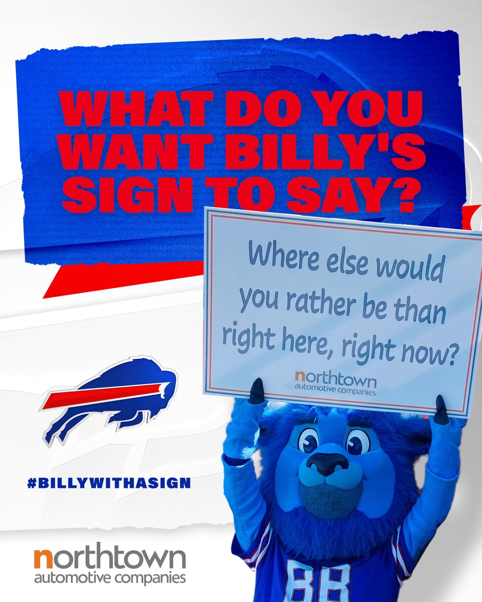 kryptogreek's tweet photo. BuffaloBills: What should Billy's sign say for our last home game of the regular season?! #BillyWithASign
Enter your best caption for a chance to win a Buffalo Bills + @NorthtownAuto Prize Pack: https://t.co/nzgNUlx2NX https://t.co/D1NXyWaJbw