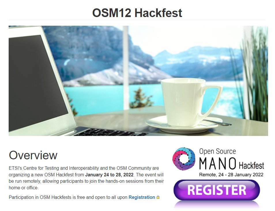 OpenSourceMANO's tweet image. Looking to develop hands-on #NFV #orchestration skills in 2022? Join us online at the #OSMhackfest January 24-28, it is free and open to all!!
#5G #OSM #community #cloudnative #network #vitualization #telco
osm.etsi.org/wikipub/index.…
