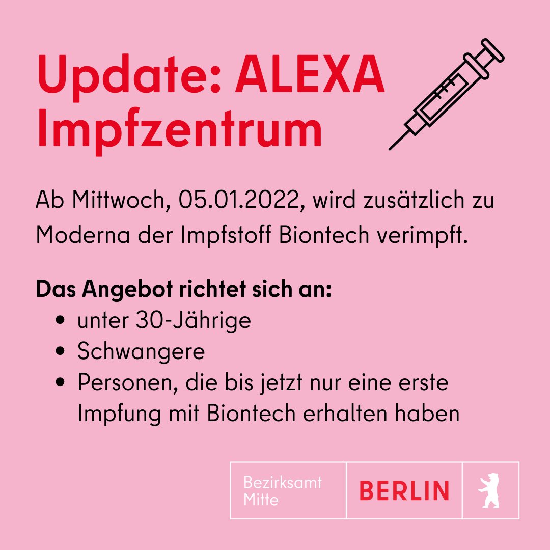 BA_Mitte_Berlin's tweet photo. Die Impfstelle im Alexa bietet ab 5. Januar zusätzlich zum Impfstoff von Moderna den Impfstoff von Biontech an. ➡️https://t.co/GmtrDq278T
#berlingegencorona #berlinimpft #corona https://t.co/43SNDZ4g71