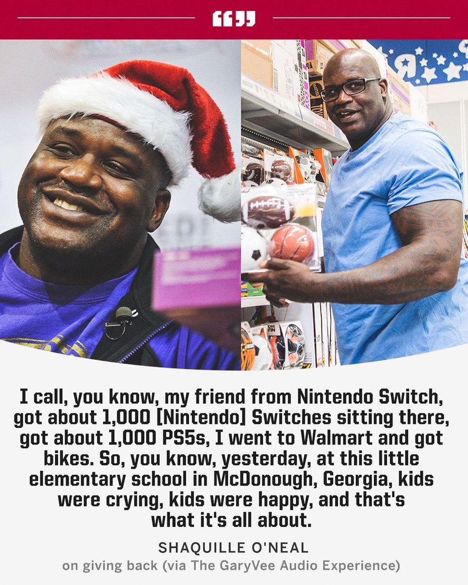 Shaq gifted 1,000 PS5's and Nintendo Switches to kids at an elementary school for the holidays.

(via The GaryVee Audio Experience)