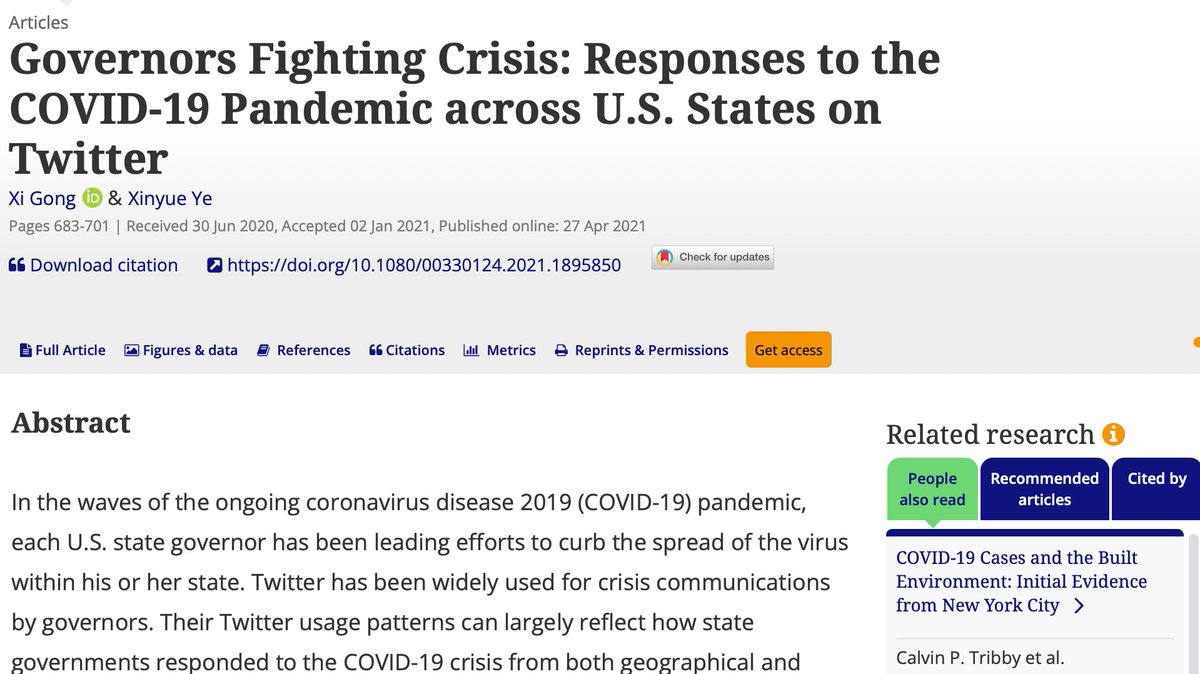.<a href="/XG_GIS/">Xi Gong</a> and Ye look at #COVID19 related crisis communications of U.S. state governors on Twitter, identifying usage patterns and actionable approaches to improve. bit.ly/3oC49xc