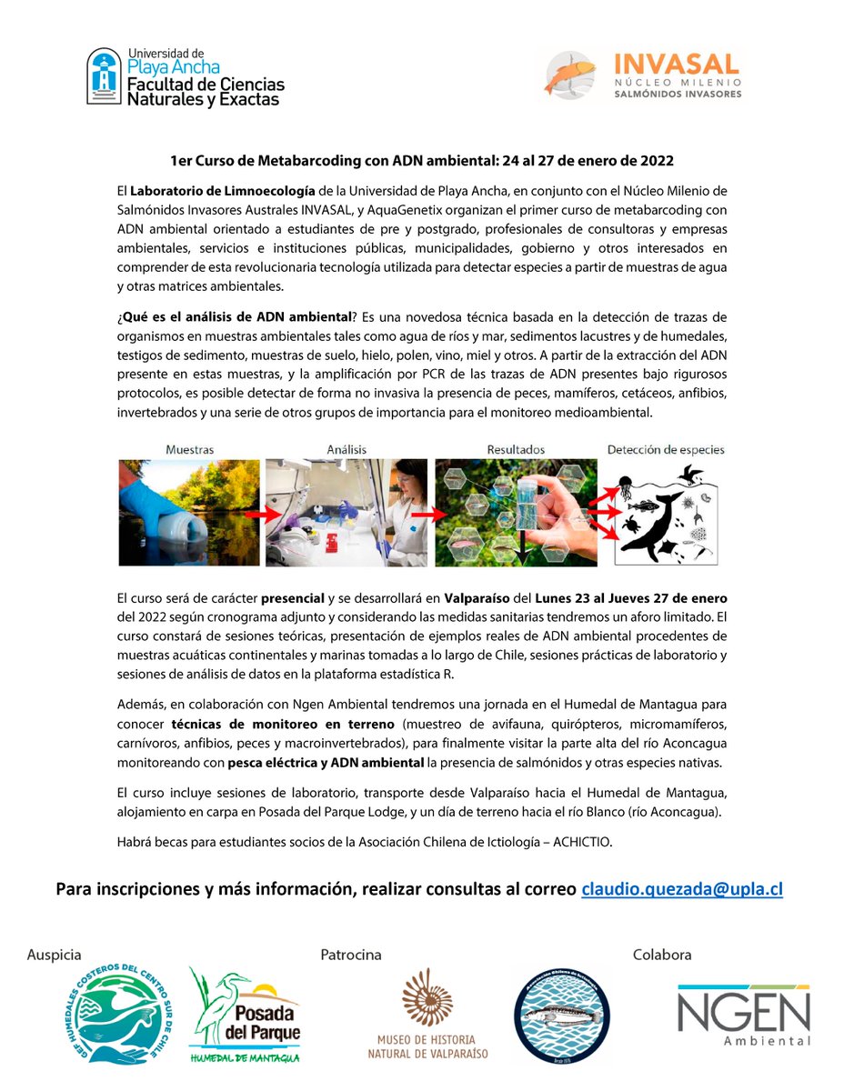 clquezadar's tweet photo. Atención: 1er curso de metabarcoding con ADN ambiental, para aprender las técnicas básicas desde la toma de muestras, análisis en laboratorio, sesiones de análisis de datos en R, técnicas de monitoreo en el Humedal de Mantagua y un dia entero capturando salmónidos en río Blanco https://t.co/Bd6Eq8jBht