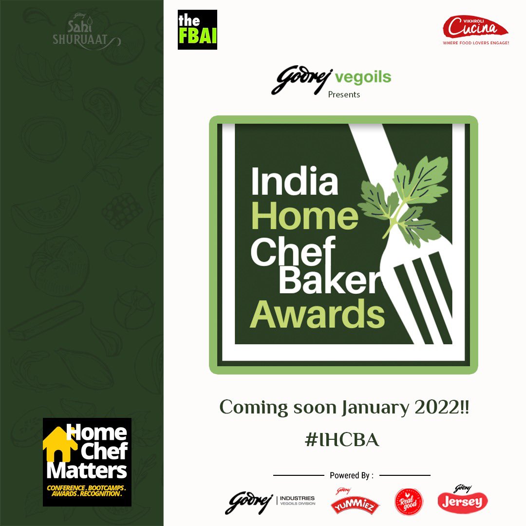 VikhroliCucina's tweet photo. #HomeChefMatters is honouring talent in the home cooking & baking space in India by announcing the Indian Home Chef Bakers Awards.
Presented by @GodrejVegOils & powered by @godrejjersey, @GodrejYummiez & @IamSUPERCHICKEN, #IHCBA ’22 shall be conducted online!
Stay tuned!
@thefbai https://t.co/cgAqUJIC71