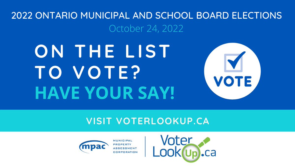 Attention #Ontario renters and tenants! Make sure you're on the list to vote in the 2022 Municipal and School Board Elections on October 24.
Easily confirm, register and/or update your information at voterlookup.ca. #ONmuni#ONpoli