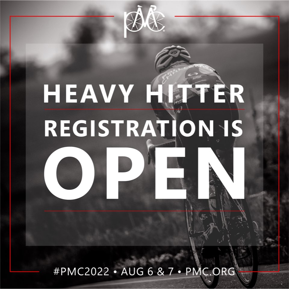#PMC2022 Heavy Hitter registration is OPEN!! Register online at PMC.ORG 

Registration is open to alumni riders on January 11 and open to the public on January 18. More information about this year’s event can be found at PMC.ORG