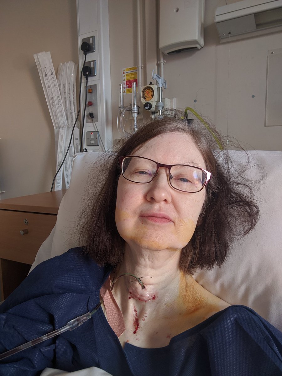 Fionaok's tweet photo. 2 hours post-hemi-thyriodectomy. Surgery went well. 

My acute anxiety, was well managed by the AMAZING nurses, WONDERFUL Consultant &amp; INCREDIBLE anaesthetist. ❤️

Can't thank them, enough! #RoyalVictoriaHospitalBelfast 

Obs - good. Pain, manageable. Voice intact. Swallow 👍🙏 https://t.co/BVLPoofeck