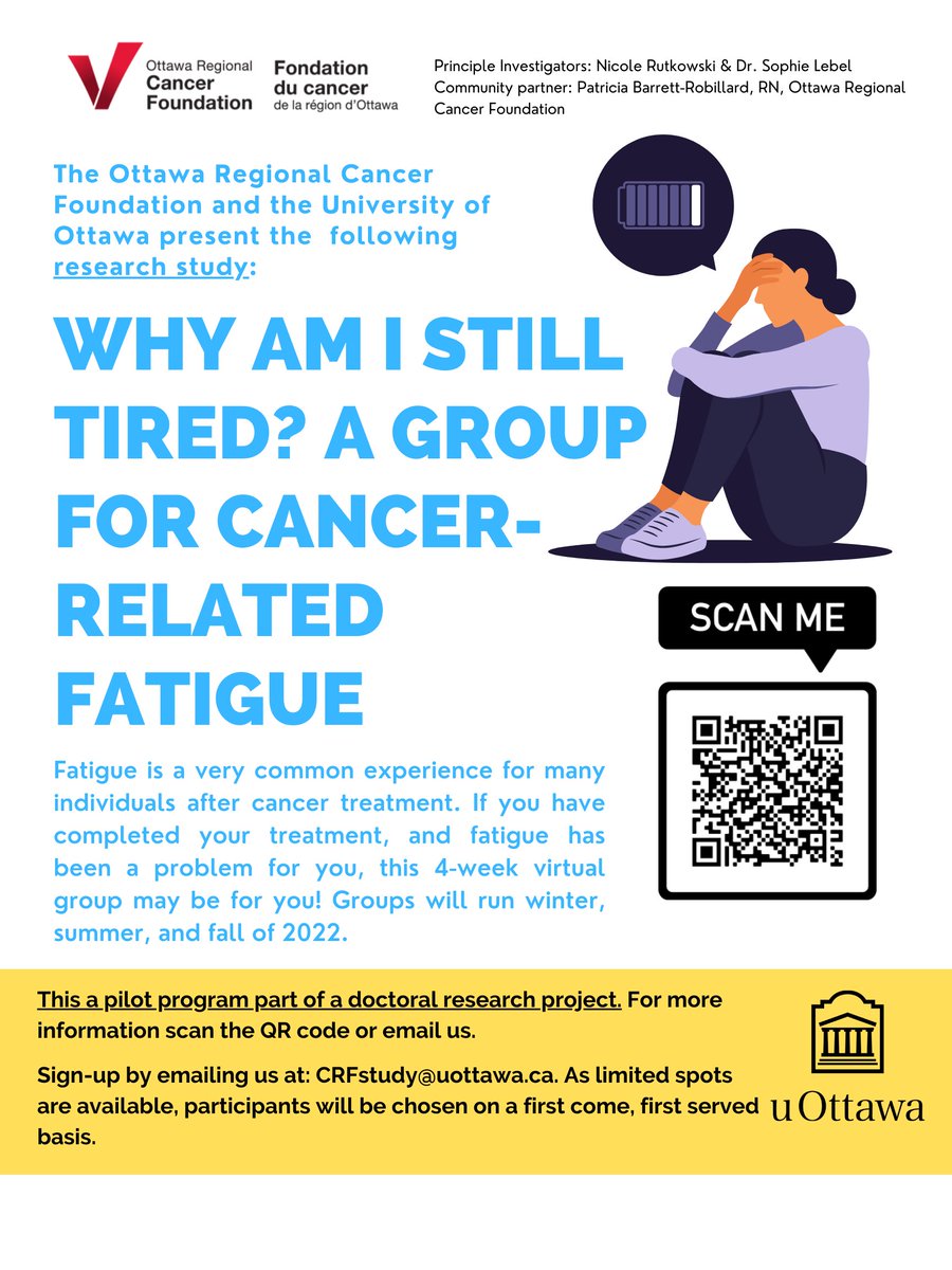 Good morning Ottawa #cancersurvivor. Our first free virtual 4-week program that tackles #fatigue starts in one month. Co-developed with patients and in partnership with <a href="/OttawaCancer/">The Ottawa Cancer Foundation</a>. Sign up and learn to manage your fatigue👇