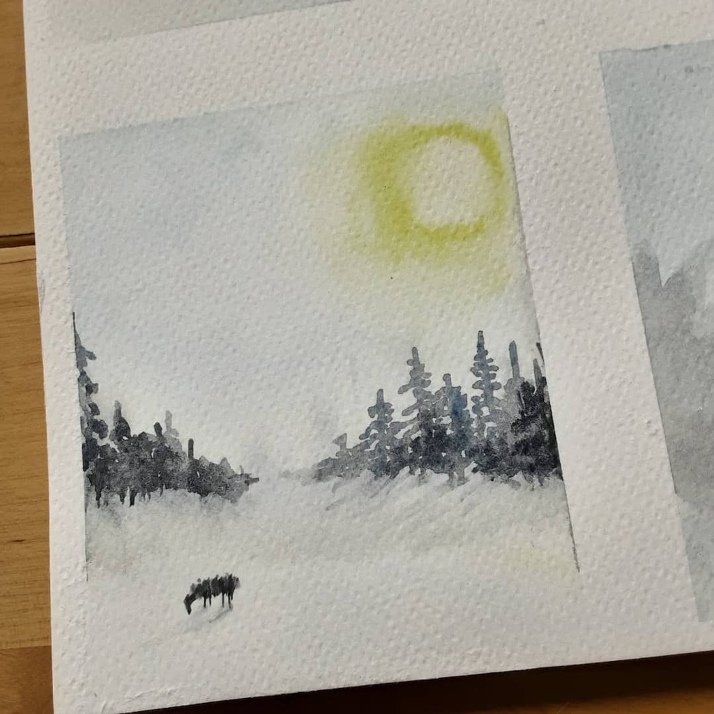 alicrosstarot's tweet photo. Tiny wintery watercolours. Note to self: don't leave washi tape overnight (rips the paper on removal), Particularly happy with my lone animal.
#akvarelblok #cheappaper #paynesgrey #lemonyellow #cobaltblue #dailyartpractice #watercolors https://t.co/KoyQwP30u7 https://t.co/UkRKsG5xOM