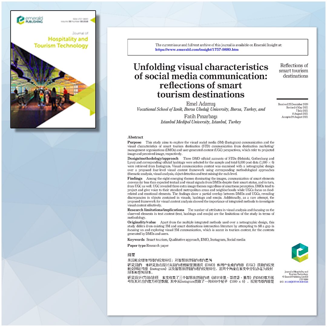 Yeni yılın ilk haberini paylaşayım. SSCI endeksli ilk yayınım yayınlandı 🤓 <a href="/AdamisEmel/">EmelAdamis, PhD</a> hocam ile hazırladığımız
"Unfolding visual characteristics of social media communication: reflections of smart tourism destinations" isimli çalışmamız sizlerle.
emerald.com/insight/conten…