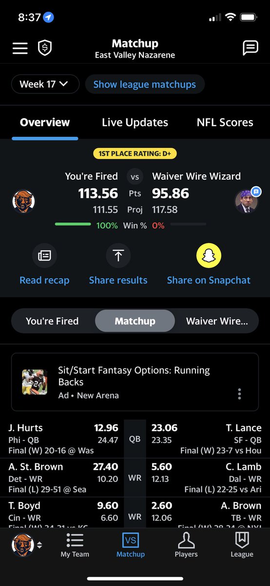 nathan_karsten's tweet photo. @YahooFantasy Gotta hate when you win the ship but the match recap gives the W to your opponent by not counting any Najee points 😂🤦‍♂️ https://t.co/rvjo3fzEl9