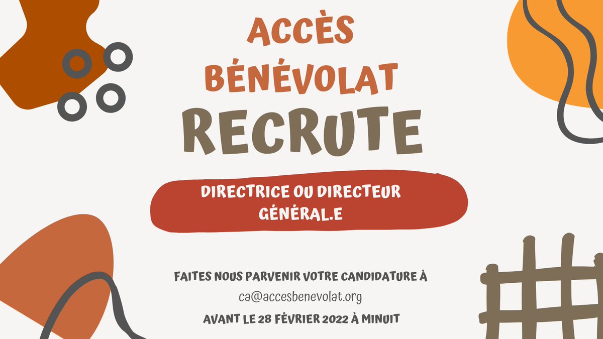 🔎Accès #Bénévolat est à la recherche d'une nouvelle direction générale à compter du printemps 2022! L'offre d' #emploi est disponible au lien suivant : cutt.ly/AULiWbL

Veuillez faire parvenir votre candidature avant le 28 février à l'adresse : ca@accesbenevolat.org.