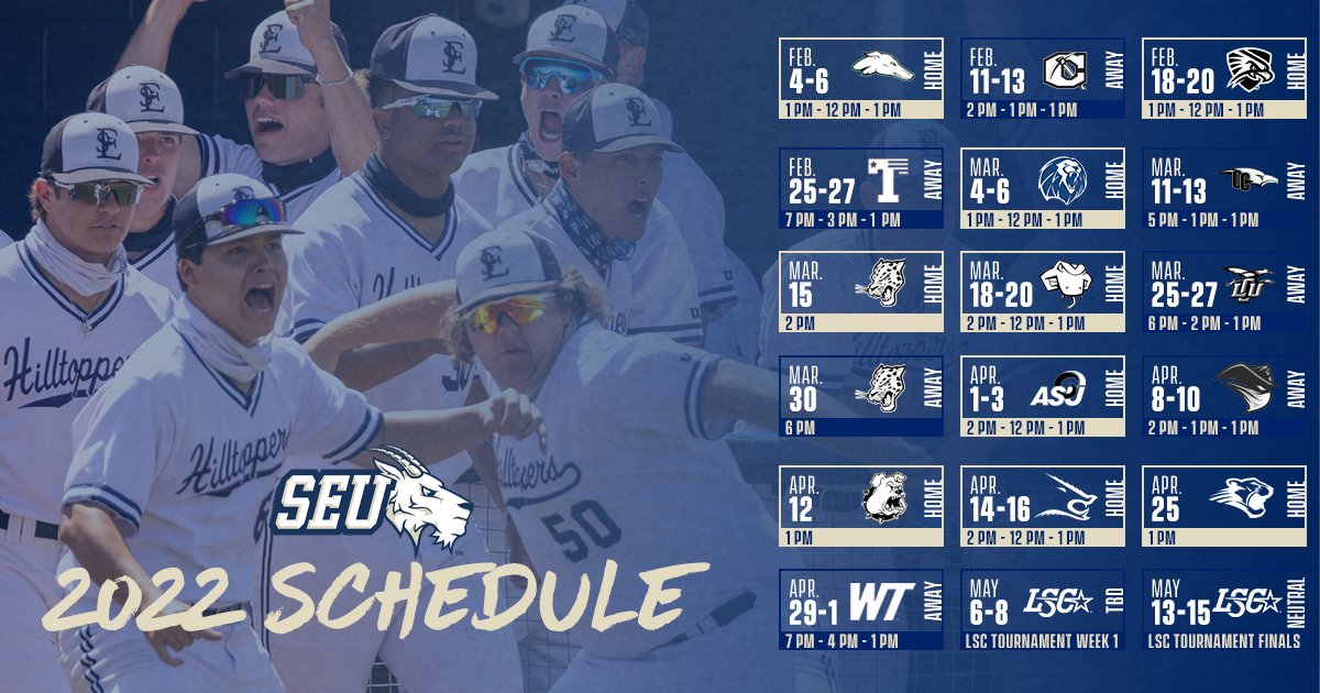 SEUAthletics's tweet photo. We are just over a month away from first pitch for @SEUBaseball! The Hilltoppers kickoff their 54 game schedule on February 4, opening a four-game @LoneStarConf series against Eastern New Mexico at home.
π https://t.co/dUjMMOIb6q
#FearTheGoat | #LSCbb https://t.co/t9mGtPSb1n
