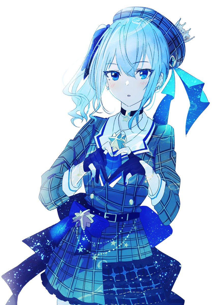 hoshimachi suisei 1girl solo heart hands hat gloves side ponytail blue eyes  illustration images