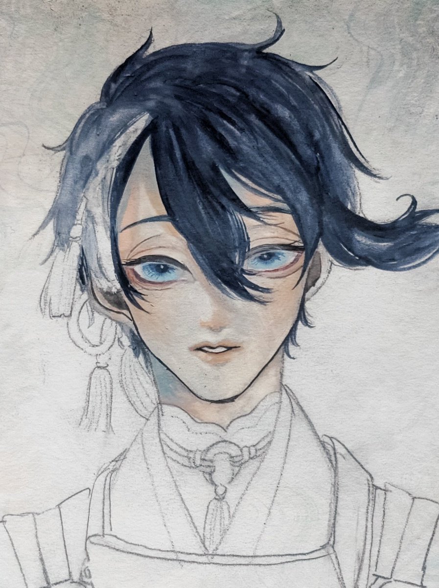 mikazuki munechika male focus 1boy solo blue eyes parted lips looking at viewer traditional media  illustration images