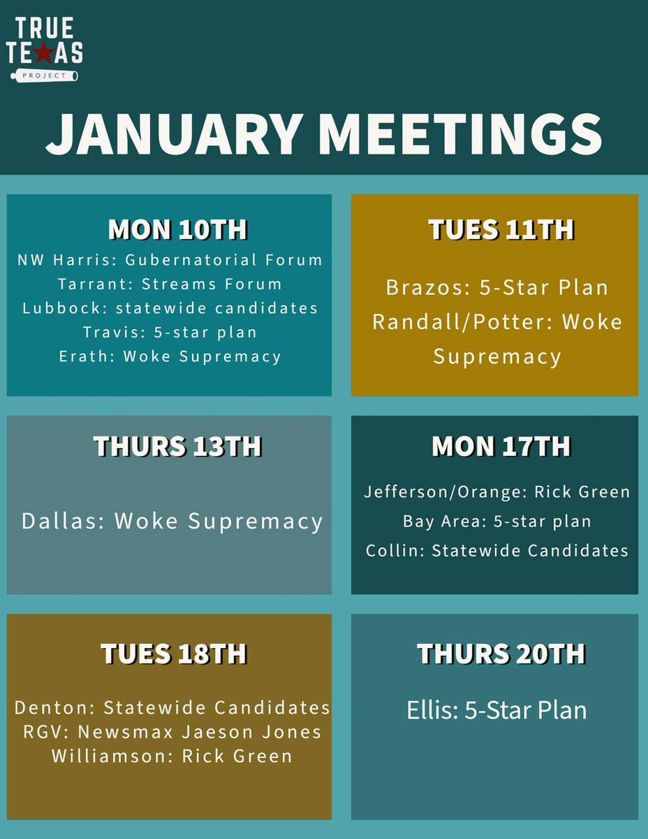 heyjuliesue's tweet photo. Our @TrueTXProject meetings start Jan 10 and continue in 15 locations w/ various speakers all around TX for the following two weeks! Spread the word, and get yourself to one! The Monday gubernatorial forum w/ @DonHuffines @WatchChad and @AllenWest will be livestreamed as well. https://t.co/YnsbnK35yS
