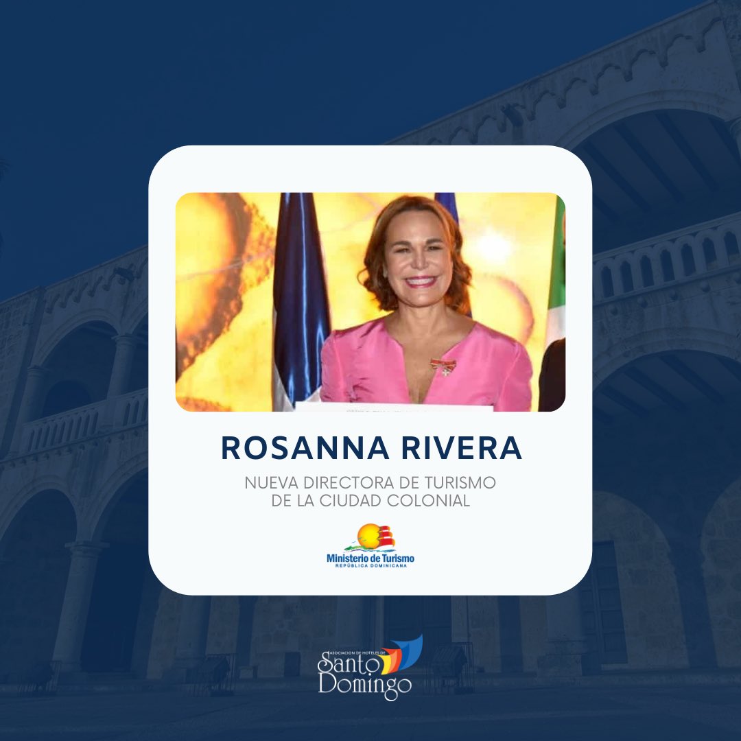 Felicitamos a Rosanna Rivera por su designación como nueva directora de turismo de la Ciudad Colonial, nos ponemos en entera disposición para continuar colaborando y posicionando nuestro destino turístico. ENHORABUENA 👏 <a href="/DavidColladoM/">David Collado</a> <a href="/TurismoRD/">Ministerio de Turismo RD</a> <a href="/tuccolonialrd/">Tu Ciudad Colonial</a>