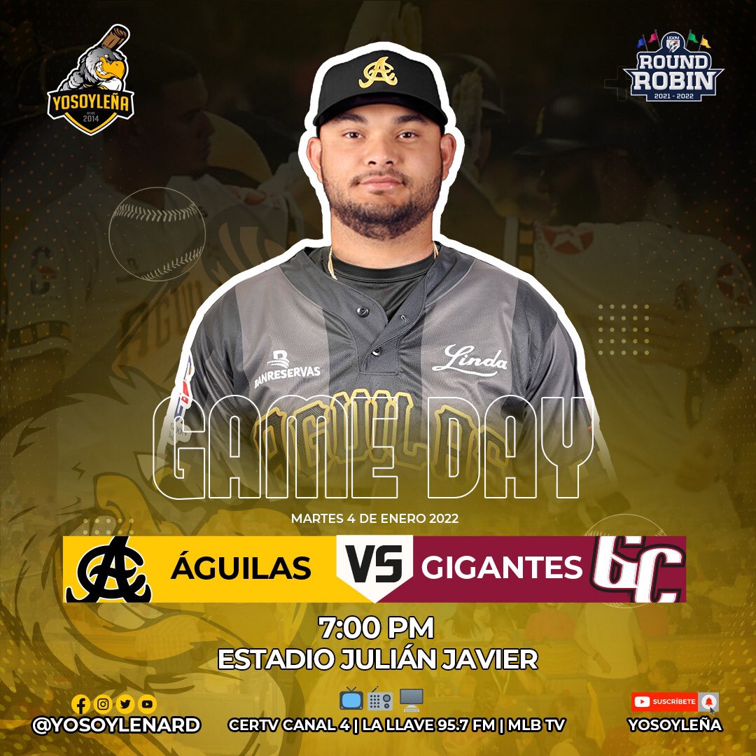 YoSoyLenaRD's tweet photo. G A M E D A Y
Los Campeones Nacionales y del Caribe, @aguilascibaenas van de visita por “El Jaya” para medirse a @Gigantes_Cibao
⌚️ 7:00 PM
🏟 Estadio Julián Javier
📺 CERTV Canal 4
📻 La Llave 95.7
💻 MLB TV
#YoSoyLeña #ACvsGC #LIDOM #EquipoGrade #YoSoyLeña https://t.co/vXEe3U1olu