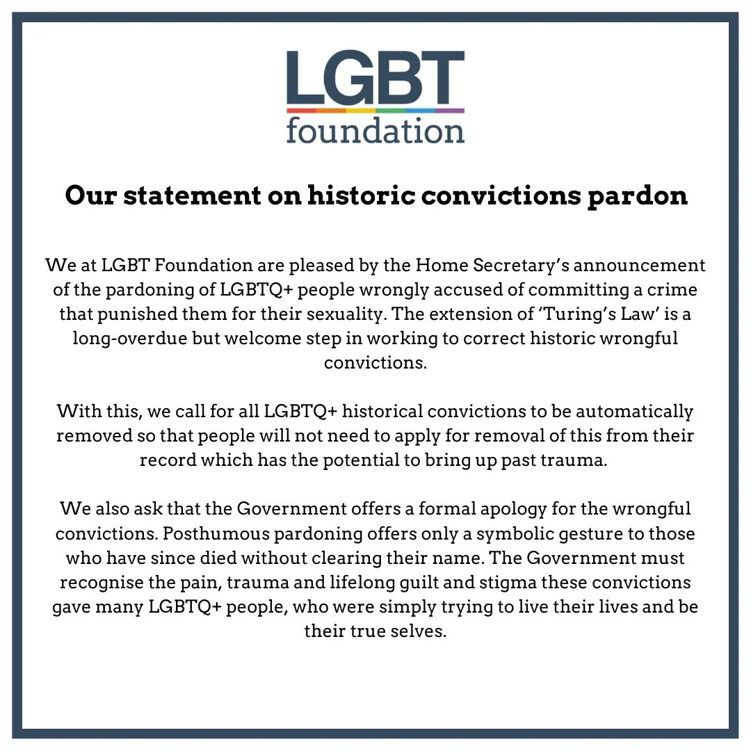 Following updates of the historic convictions pardon we have released the following statement ...

Read in full here : lgbt.foundation/news/lgbt-foun…