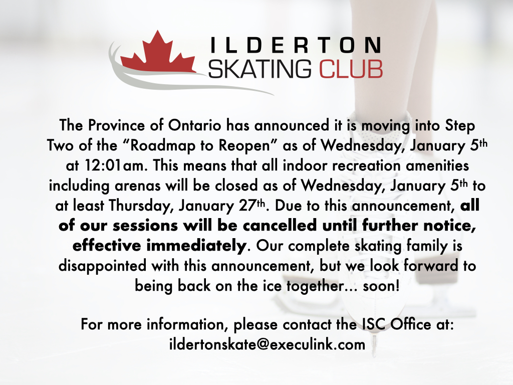 Due to yesterday's announcement by the Provincial government, all of our sessions will be cancelled until further notice, effective immediately. Please stay tuned to our website and social platforms for more information on our return to the rink. 
❤️ Stay safe, skating family!