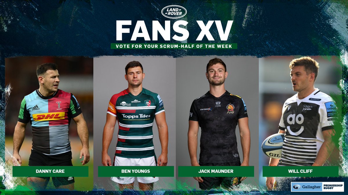 premrugby's tweet photo. In at Scrum-half is...

🃏@dannycare | @Harlequins 
🐯 @benyoungs09 | @LeicesterTigers 
🏉 @Jackmaunder | @ExeterChiefs 
🦈 @Will_Cliff88 | @SaleSharksRugby 

#LandRoverRugby | #LRFansXV | #GallagherPrem https://t.co/adcawGAP80