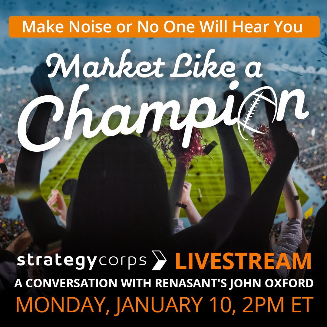 StrategyCorps's tweet photo. Join us on #collegefootball national championship day as @renasant's John Oxford shares how unconventional marketing can lead to big wins, no matter how large your budget may be. Sign up at https://t.co/yS9teNRHN0.
#checking #communitybanks #creditunions #banking #StrategyCorps https://t.co/rD1vcdWJxQ