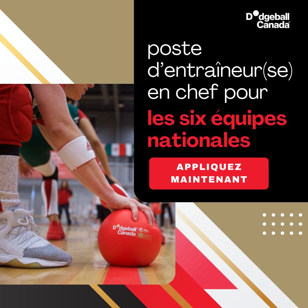 dballcanada's tweet photo. Dodgeball Canada cherche à pourvoir le poste d’entraîneur(se) en chef pour les six équipes nationale. https://t.co/nzZ3tyTRh2 #DodgeballCanada #Coach #NationalTeam #TeamCanada https://t.co/u6SJgfAL6X