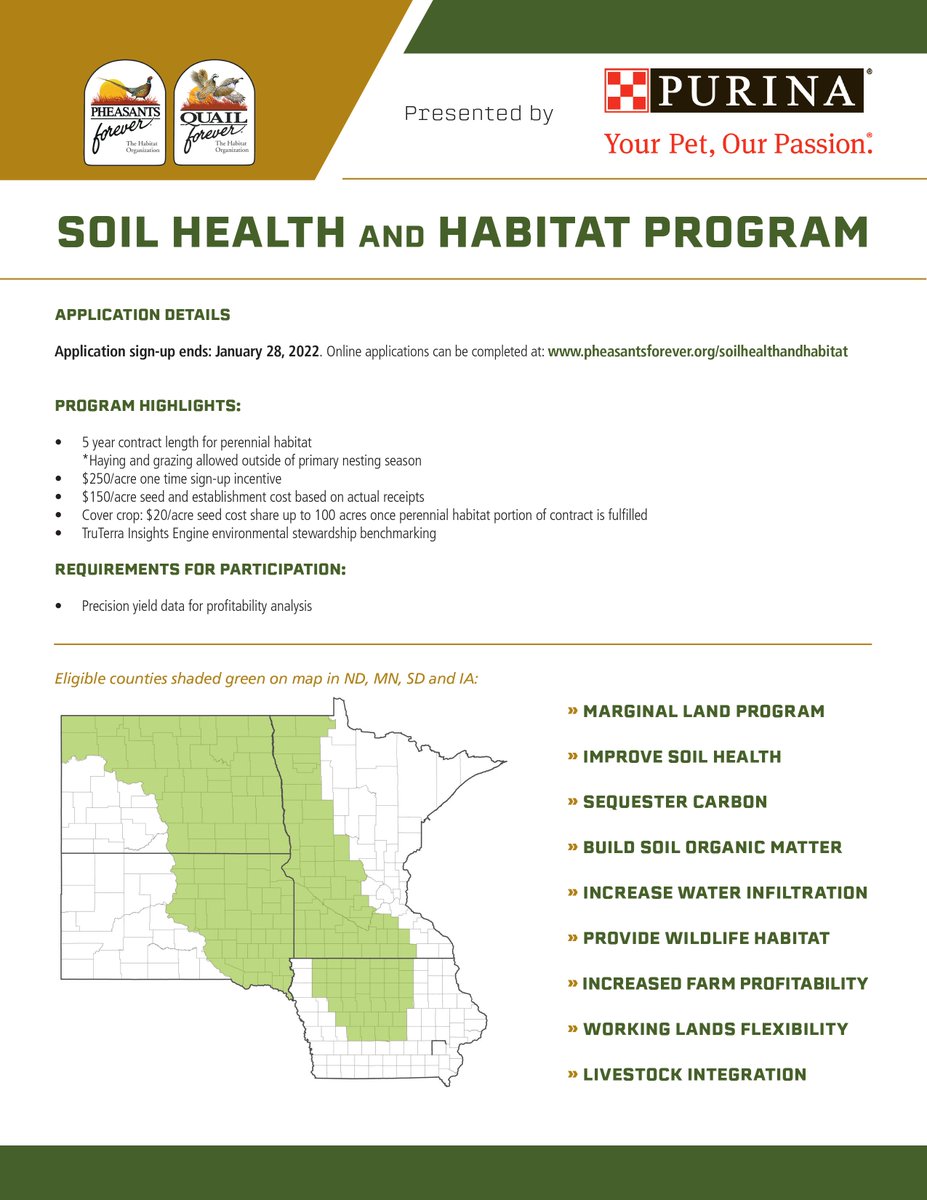 Have saline-sodic crop land? Eroded hills? Waterway washing out? The Soil Health and Habitat Program could be a fit to help eradicate those issues with working lands program flexibility! <a href="/pheasants4ever/">Pheasants Forever</a> <a href="/Purina/">Purina</a> @TruterraLLC 

pheasantsforever.org/soilhealthandh…