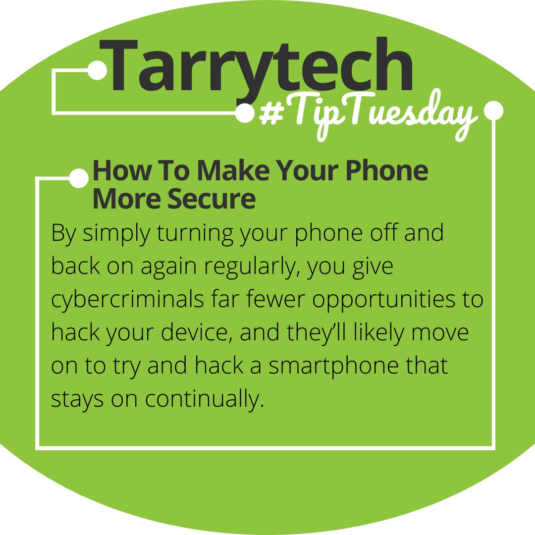 Tarrytech's tweet photo. It's Tarrytech Tip Tuesday! If you want to protect your smartphone from being hacked, all you have to do is turn your phone off and back on again. Does that sound overly simplistic and cliché? Probably. Does it work? Absolutely. https://t.co/KyNuit4MLQ