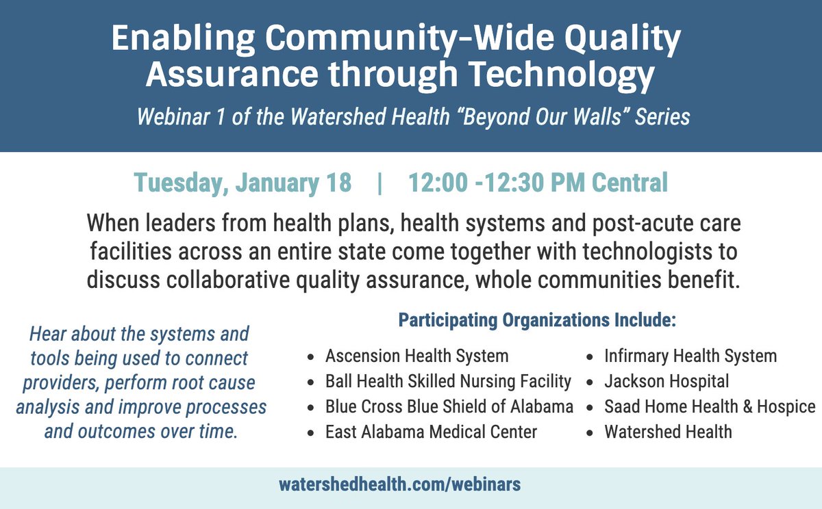 WatershedHealth's tweet photo. New #webinarseries, "Beyond Our Walls," begins Tuesday, January 18, moderated by @rvmilani: Enabling Community-Wide #qualityassurance through Technology. Sign up today: https://t.co/7JI3mYPfEz https://t.co/SHwdsEJY0U
