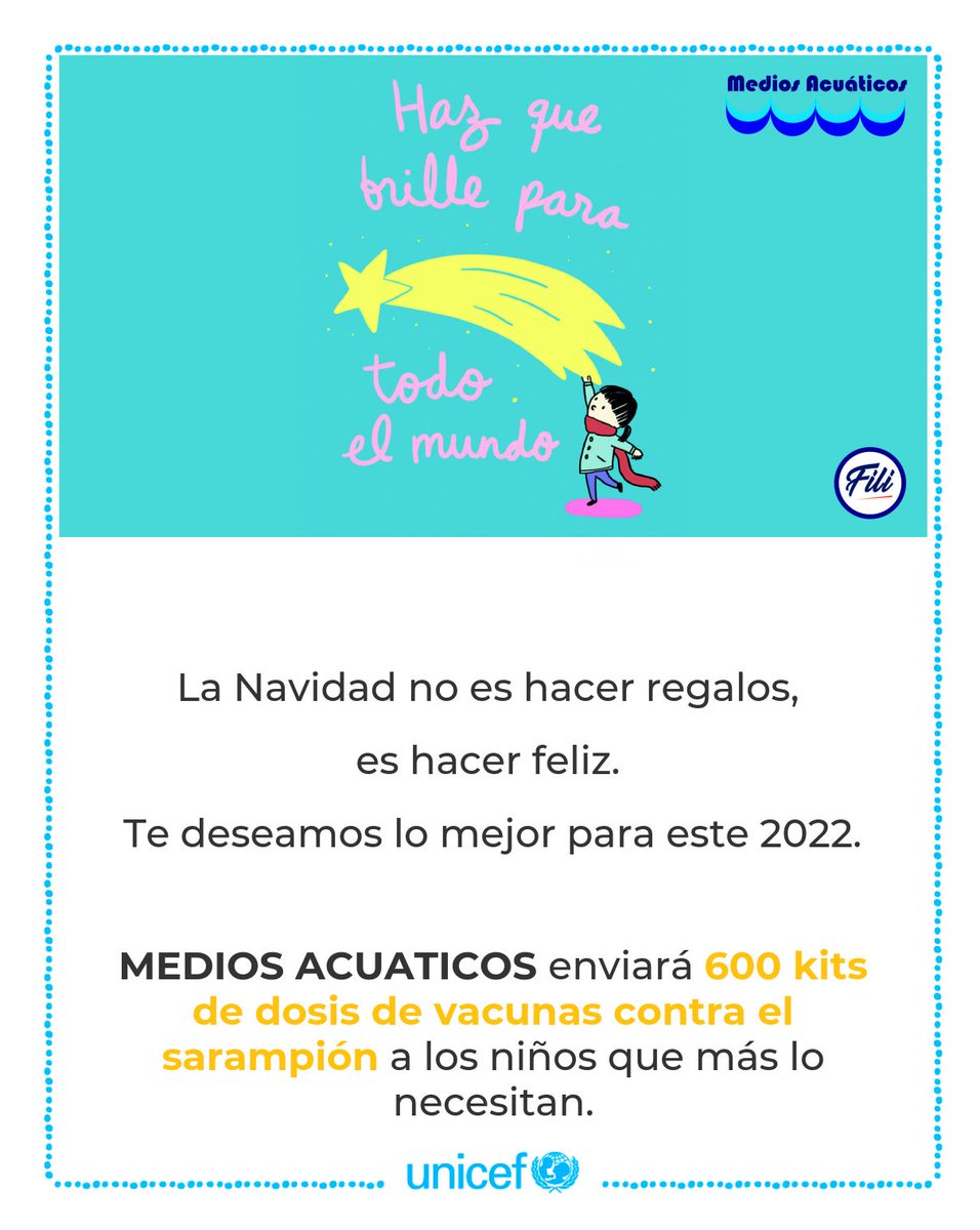 MEDacuaticos's tweet photo. Medios Acuáticos y Fili 💙🤍, en nombre de sus trabajadores, han decidido colaborar con @UNICEF y hemos regalado 600 kits de dosis de vacunas 💉 contra el sarampión 

Porque la navidad no es hacer regalos, ¡es hacer feliz! 😊

Te deseamos lo mejor para este 2022 ✨

#unicef https://t.co/kFmY2mQEZk