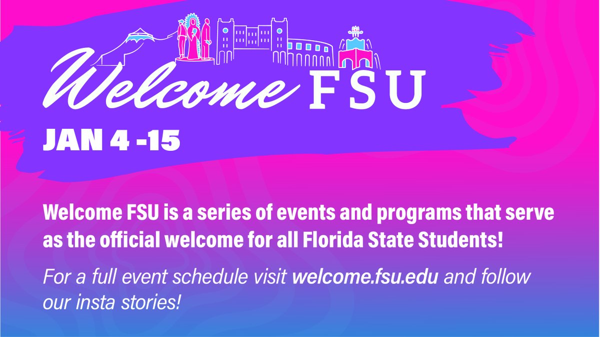 FSUDSA's tweet image. Welcome, FSU! Check out the countless ways to get involved with your campus and city, January 4 - 15. View our IG/FB stories to see what events are happening each day and visit welcome.fsu.edu for more information and programming details!