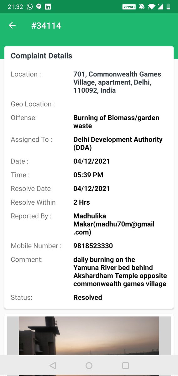 Mads70m's tweet photo. Complaint Delhi government's green app apparently resolved in 2 hours!!?Burning on the Yamuna River has been going for years. Official check at a random point in time to declare " all izz well" instead of continuous monitoring @Warriormomsin @AapKaGopalRai @CareForAirIndia https://t.co/23DAKe3ANW